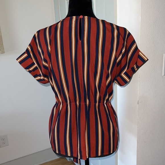 Monteau Sz L waisted tie front elastic back short sleeves stripes - Picture 4 of 5